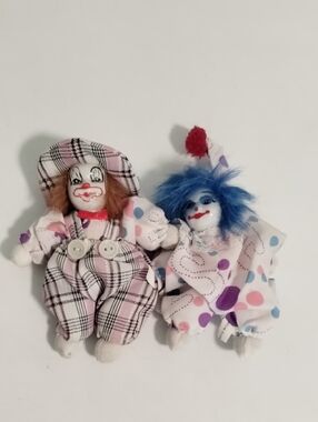 Pair of Pink Plaid & Blue-Haired Clown Plush Dolls - Kids Toy